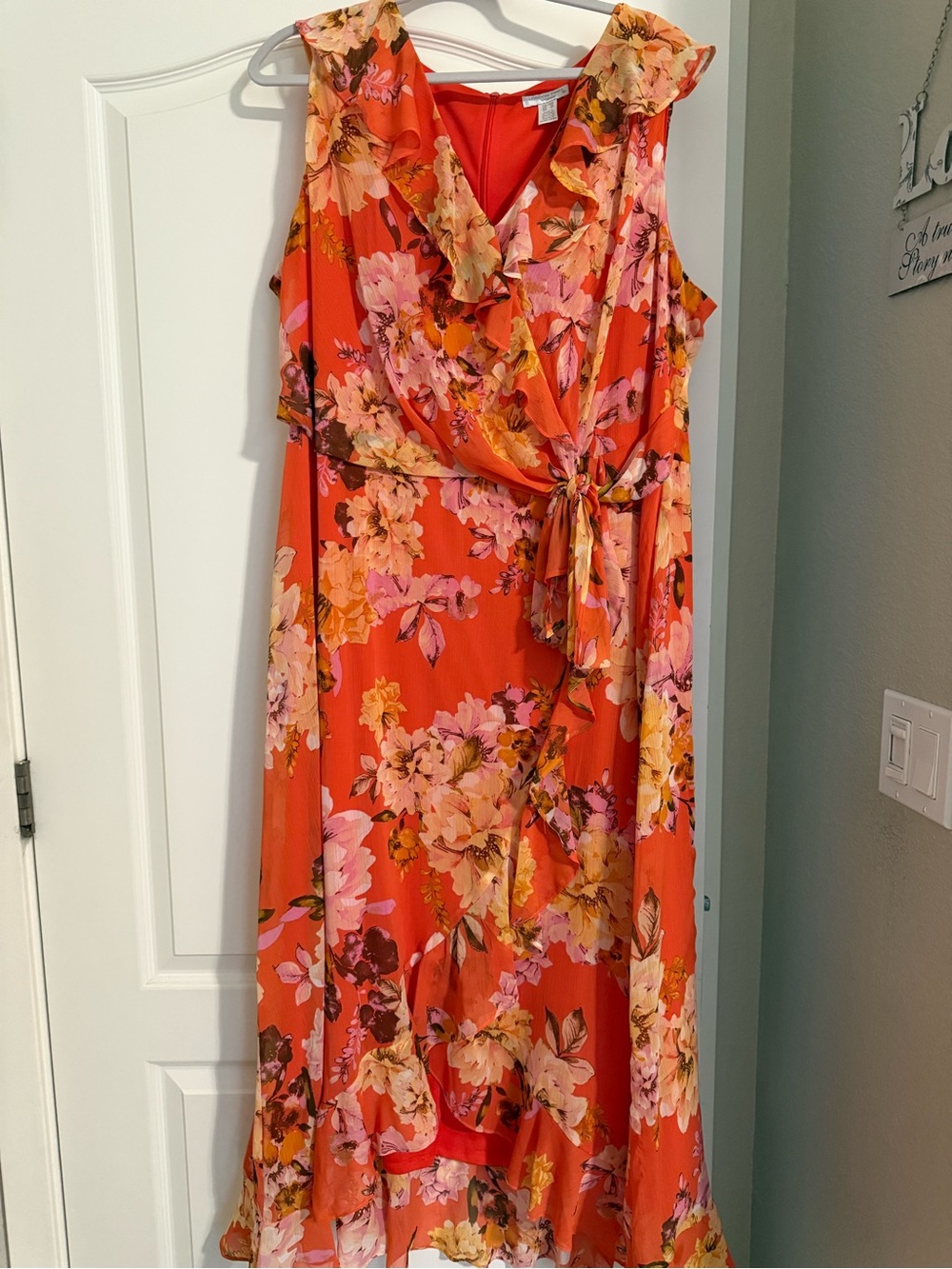 London Times Orange/Coral Floral faux Wrap Maxi Dress with Ruffle Trim size 18W